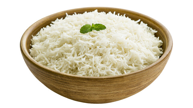 Isolated wooden bowl of cooked fluffy white basmati rice garnished with fresh green mint