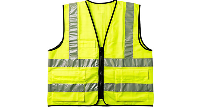 Isolated fluorescent yellow safety vest with reflective strips and pockets.