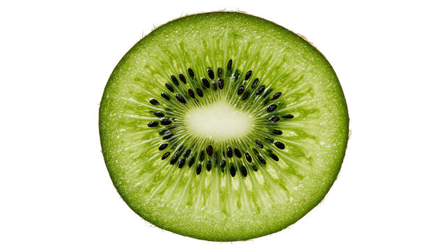 Isolated cross section of a fresh ripe green kiwi fruit slice with black seeds, healthy vitamin C snack.