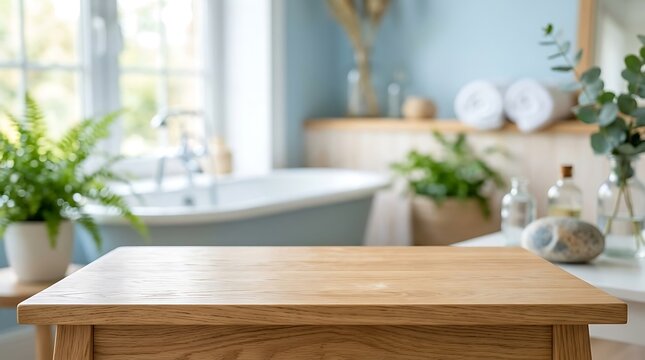 Empty Wooden Table in Bright Bathroom Background for Product Placement Mockup Presentation Clean Spa Interior Design