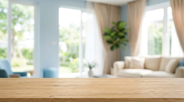 Empty wooden table top with blurred bright living room background for product display mockup and interior decoration