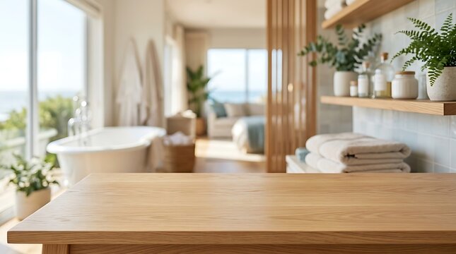 Empty Wooden Table Mockup in Modern Bright Spa Bathroom Interior Background for Product Placement and Display Design