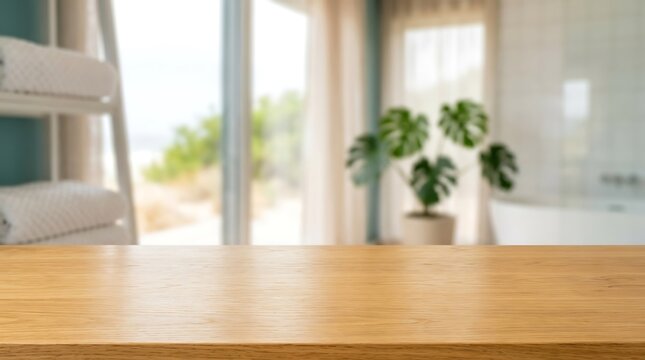 Empty Wooden Table Top Foreground with Blurred Modern Spa Bathroom Interior Background for Product Presentation Mockup