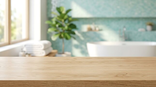 Empty Wooden Table Surface Over Blurred Modern Bathroom Interior Background for Product Display Mockup Presentation.