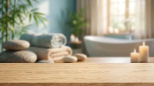 Empty Wooden Table in Spa Bathroom for Product Display with Towels Candles and Stones Wellness Background Mockup Image