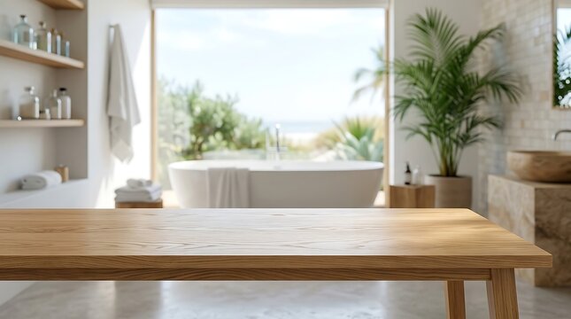 Empty Wooden Table Top Background in Modern Luxury Bathroom Interior for Product Mockup and Presentation Showcase Scene
