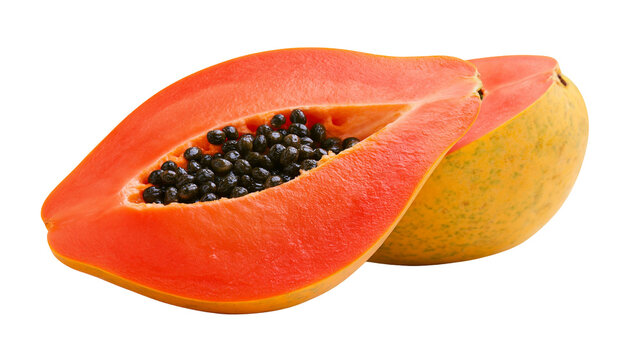 Isolated ripe orange papaya fruit cut in half with black seeds and whole fruit behind