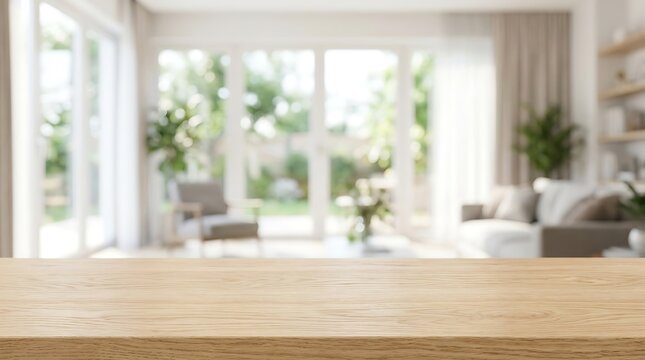 Empty wooden table surface for product display mockup in a bright blurred modern living room interior with garden