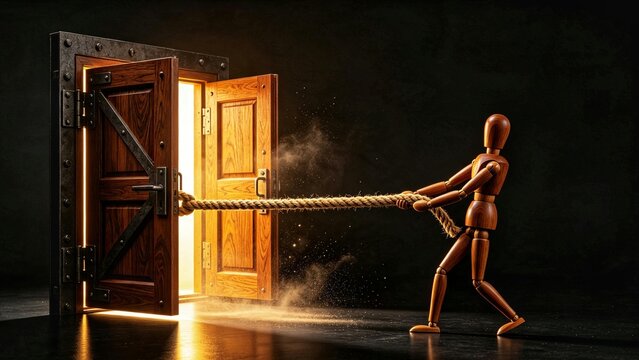 Wooden Mannequin Pulling Rope to Open Door to Golden Light &mdash; Courage, Struggle, Persistence and New Horizons Concept