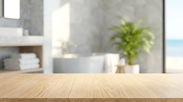 Empty Wooden Table Surface for Product Display in Modern Blurred Bathroom Interior with Sunny Ocean View Villa Mockup