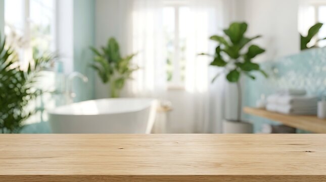 Empty Wooden Table Surface with Blurred Modern Spa Bathroom Background for Interior Design Product Presentation Mockup