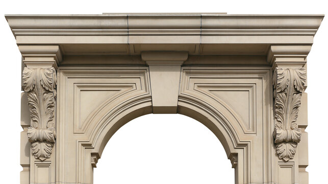 Isolated classic ornate stone archway detail with decorative acanthus leaf corbels