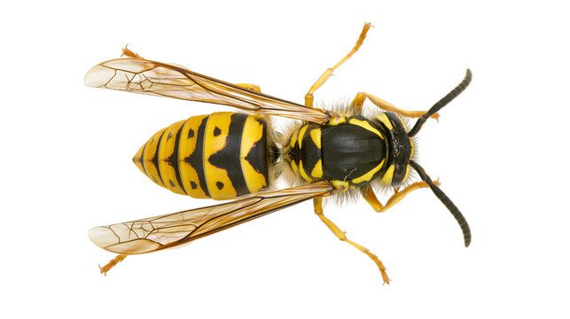 Isolated yellow and black striped wasp, an insect pest with venomous sting, top view.