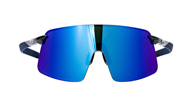 Isolated stylish sports sunglasses with blue mirrored lens and textured dark grey frames.