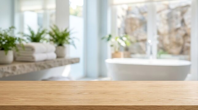 Empty Wooden Table Surface Background for Product Display in Blurred Bright Modern Spa Bathroom Interior with Bathtub