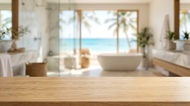 Empty wooden table top for product placement in blurred luxury bathroom interior with tropical ocean view banner ads.