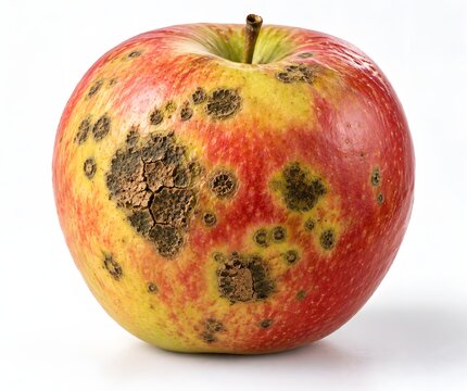 Studio macro photograph of an apple affected by apple scab, showing multiple dark olive-brown to black scabby lesions, irregular spots, and surface cracking on a clean white background.