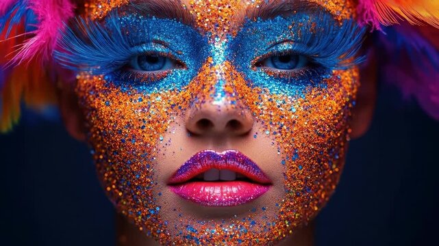 Young woman with colorful glitter makeup and feathers