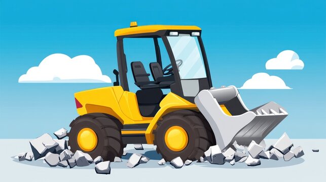 Bright yellow front loader tractor clearing away rubble and broken rocks on a bright blue sky day with fluffy white clouds in a playful cartoon vector illustration