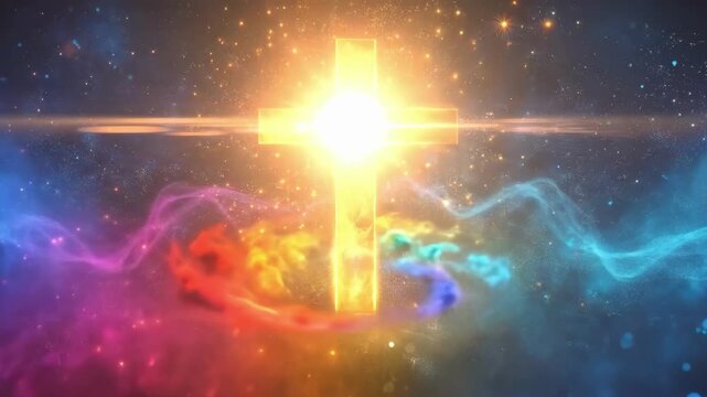 Vibrant cosmic cross: glowing symbol amidst colorful starry nebula. Easter, Pascha, Paskha, Ostern, Pascua, Paques - Orthodox and Catholic Holiday celebration