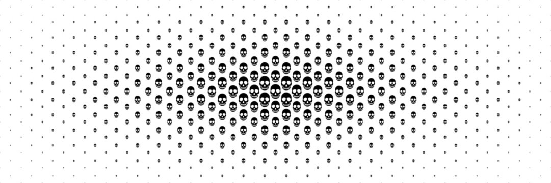 horizontal halftone of black skull spreading from center for pattern and background.