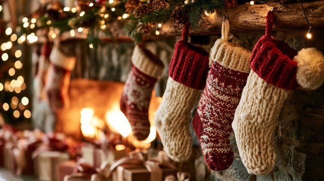 Christmas stockings by a fireplace at Christmas