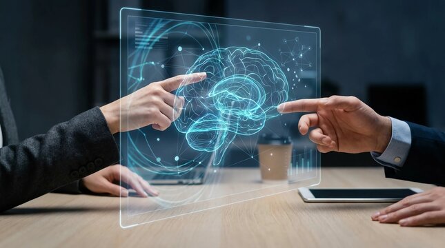 Business professionals interacting with a glowing digital brain interface in a futuristic office setting representing AI and neural technology