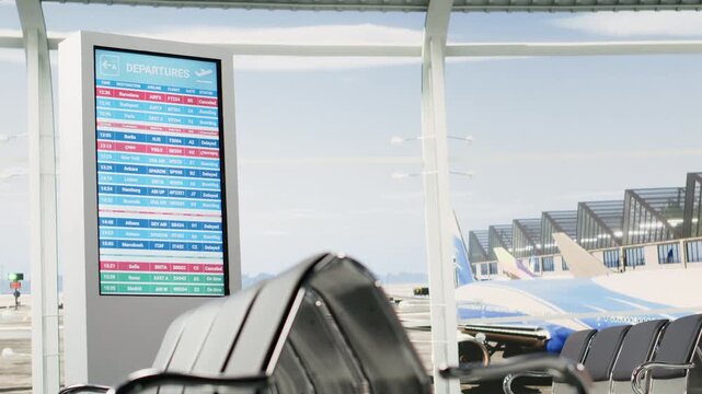 Departures board with red alerts showing cancelled flights and suspended travel in international airport terminal with no passengers, highlighting flying disruption, bad news and missed connection.