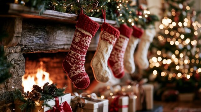 Christmas stockings by a fireplace at Christmas