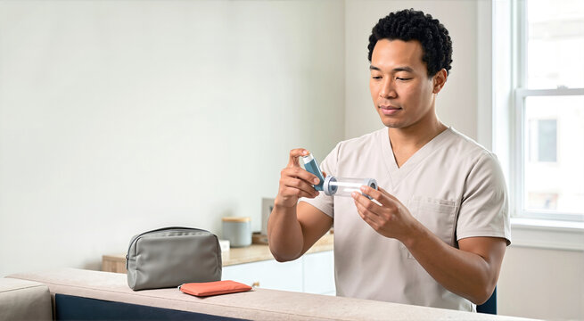 Male healthcare clinician holding and inspecting blue asthma inhaler with transparent spacer device indoors. Professional medical caregiver in beige scrubs checking respiratory aerosol equipment