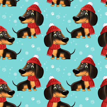 Winter Dachshund Seamless Pattern with Snowflakes and Paw Prints