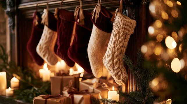 Christmas stockings by a fireplace at Christmas