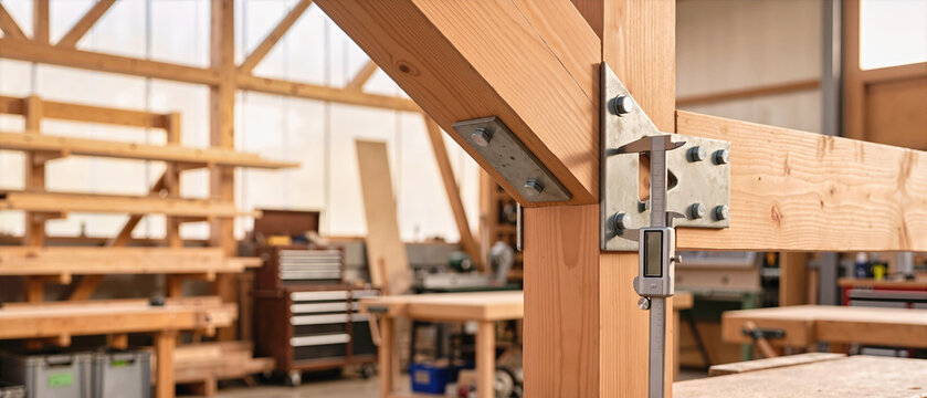 Digital caliper measuring a structural timber joint with steel bracket in a bright carpentry workshop. Precision quality control check on heavy wooden beam framing in woodworking shop