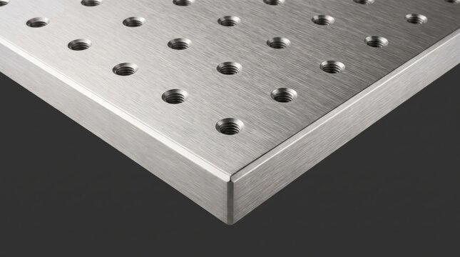 Close up of a stainless steel optical breadboard with a grid of threaded mounting holes for lab use