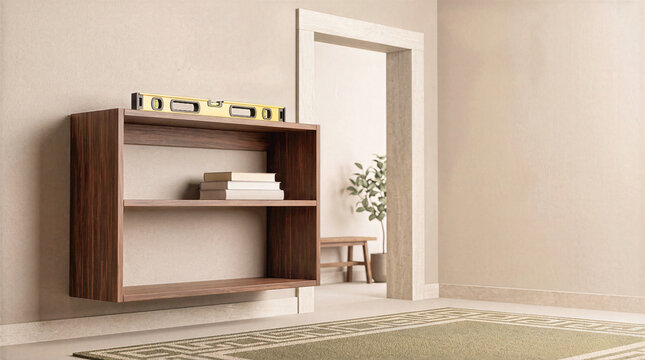 Wall mounted dark walnut shelf unit with yellow spirit level resting on top during installation in modern apartment room. Interior renovation home improvement project and furniture assembly