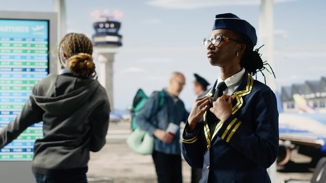 Flight attendant in uniform smiling at airport terminal gate with luggage, preparing for boarding, highlighting airline staff, helpful travel industry service, air hostess and cabin crew.