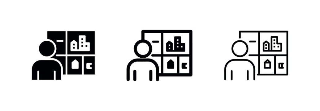 Realtor Managing Real Estate Property Listings Icon Set - Housing Agent Vector