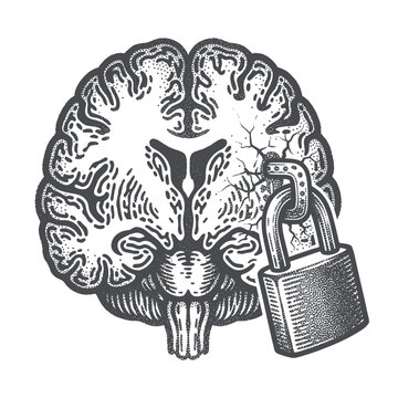 brain locked with a padlock, mental block metaphor illustration