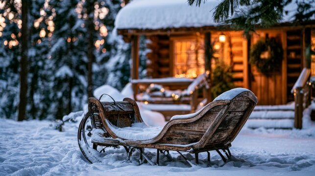 Santa Claus's sleigh outside a house covered in snow