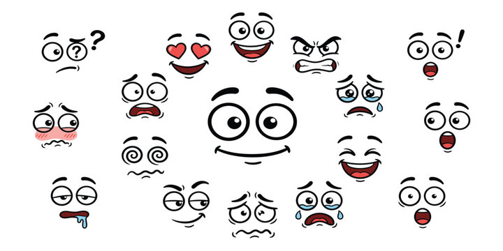 cartoon face expression emotional comic face with eyes mouths tongue and teeth concept