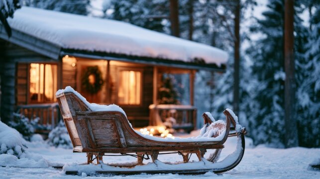 Santa Claus's sleigh outside a house covered in snow