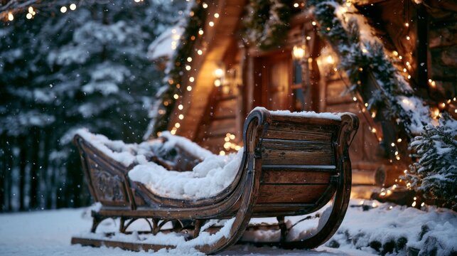 Santa Claus's sleigh outside a house covered in snow
