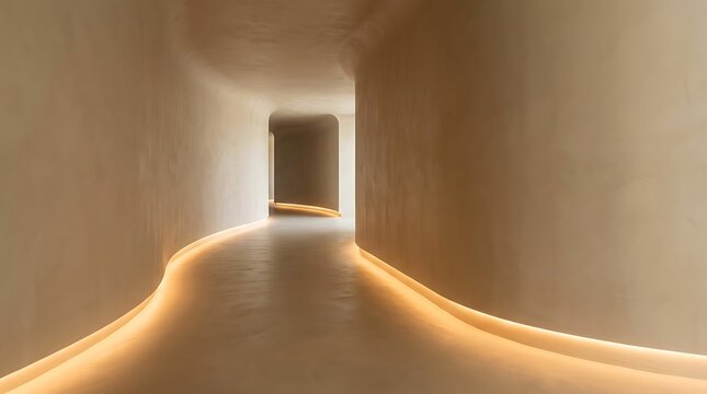 Curved Microcement Corridor With Warm Recessed Floor Lighting