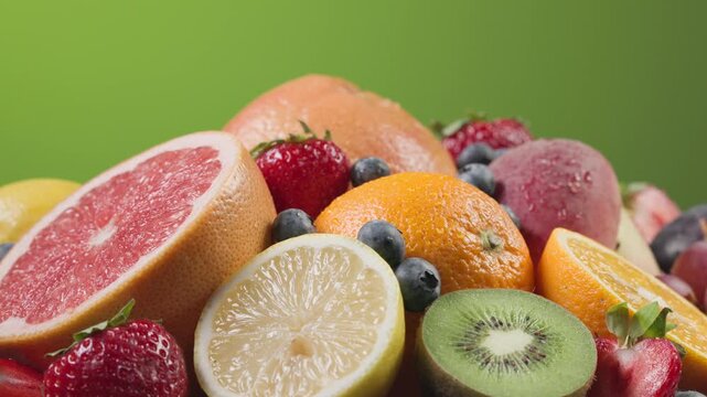 assorted fresh colorful fruits and berries rotating in a vibrant composition. Juicy peach, orange, strawberries, blueberries, kiwi, and grapes 