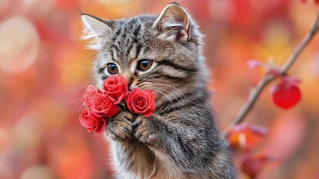Cute kitten holding red roses against vibrant autumn background. The 14th of February. Happy Valentine's Day