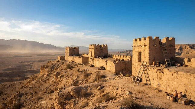Ancient mud brick fortress overlooking arid desert landscape for travel editorial and history