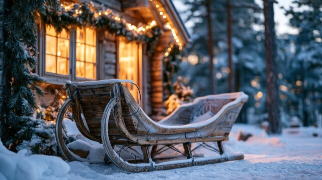 Santa Claus's sleigh outside a house covered in snow