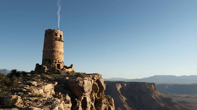 Historic desert watchtower stone structure overlooking Grand Canyon landscape for travel marketing