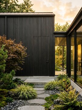 Charred Cedar Slat Facade With Hidden Pivot Door at Golden Hour