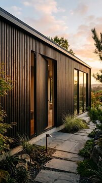Charred Cedar Slat Facade With Hidden Pivot Door at Golden Hour